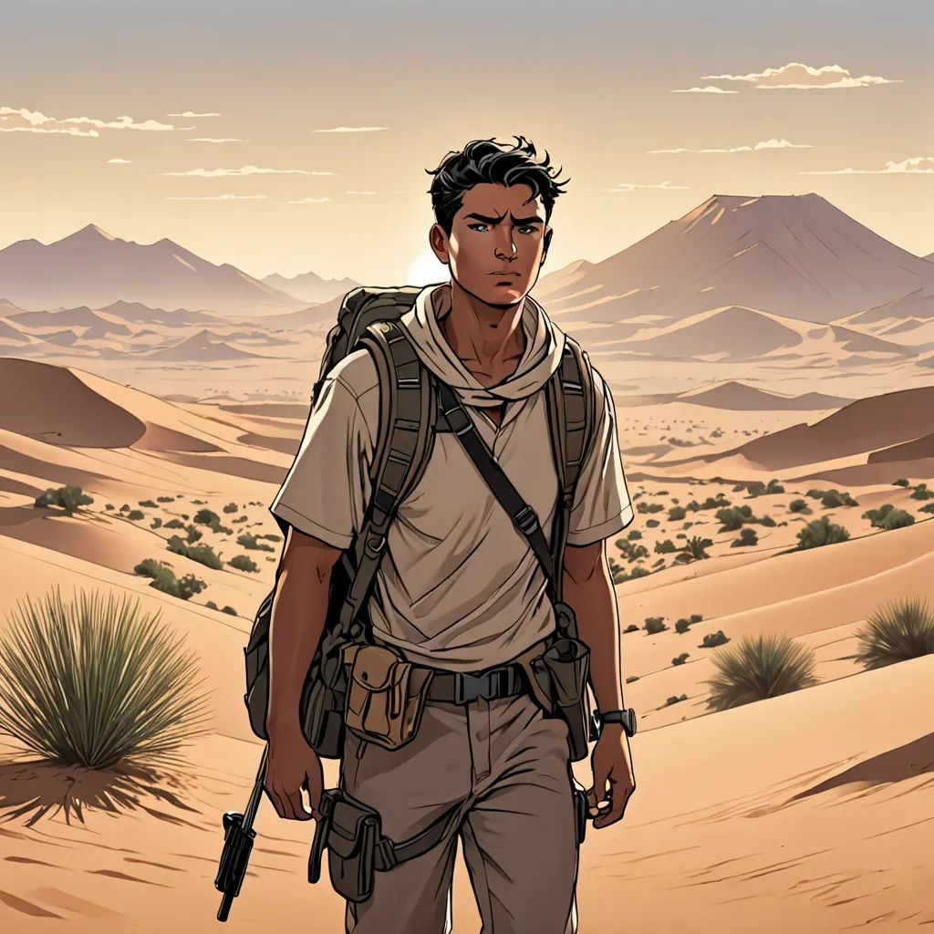 a man with a backpack and a gun in the desert with mountains in the background and a desert landscape, serial art, a character portrait, Asaf Hanuka, comic cover art