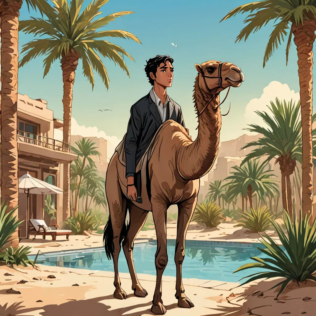 a man riding a camel in the desert near a pool of water and palm trees in the background,, serial art, a storybook illustration, Amir Zand, comic cover art