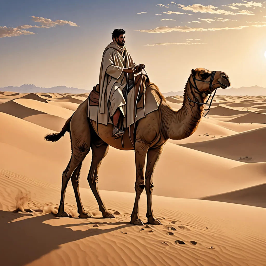 a man riding a camel in the desert at sunset or dawn with a desert landscape in the background and a sun setting, qajar art, a detailed matte painting, Farid Mansour, desert