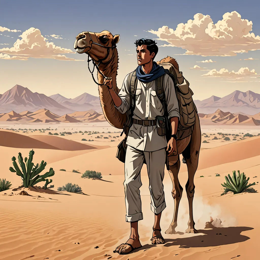 a man with a camel in the desert with mountains in the background and clouds in the sky above him, serial art, a character portrait, Asaf Hanuka, yukito kishiro