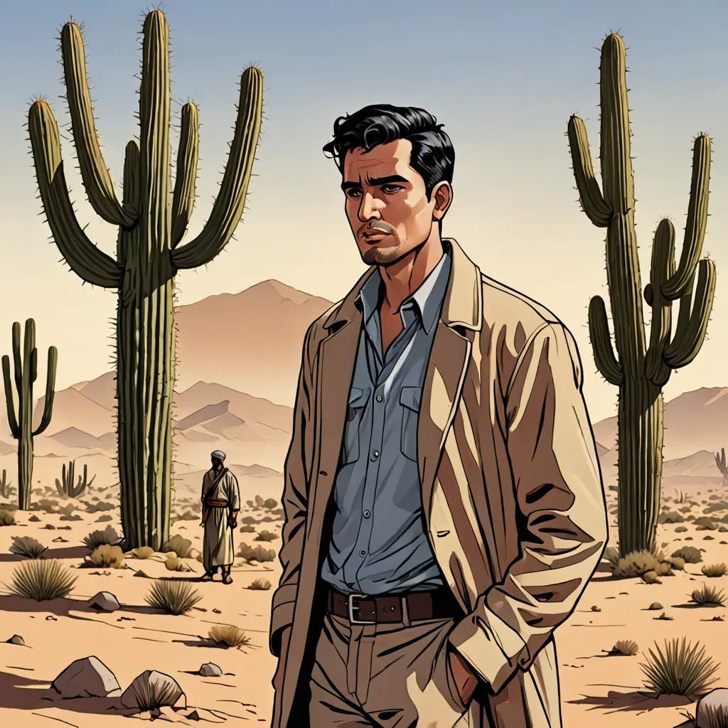 a man standing in front of a cactus with a man in the background in a desert scene with a man in the background, serial art, poster art, Asaf Hanuka, western comic book art