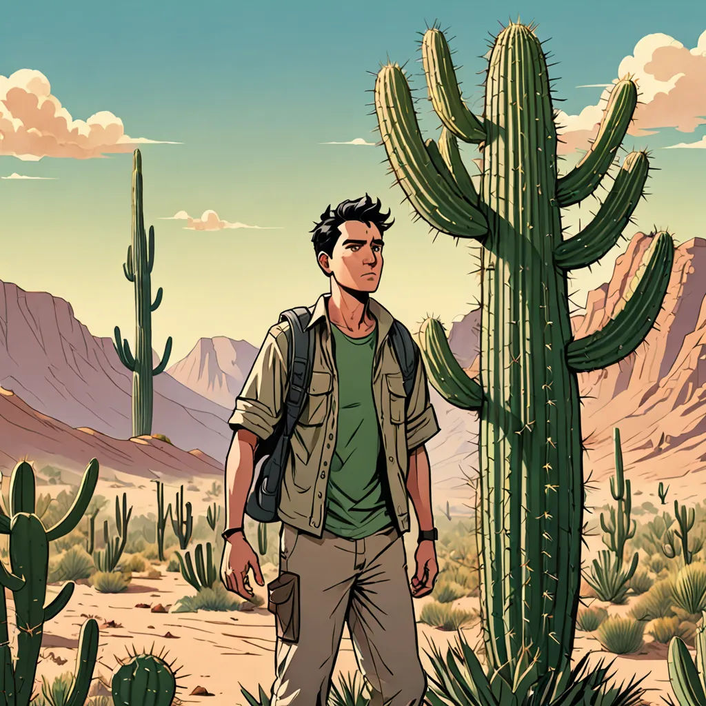 a man standing in front of a cactus with a backpack on his back and a cactus in the background, serial art, poster art, Asaf Hanuka, western comic book art