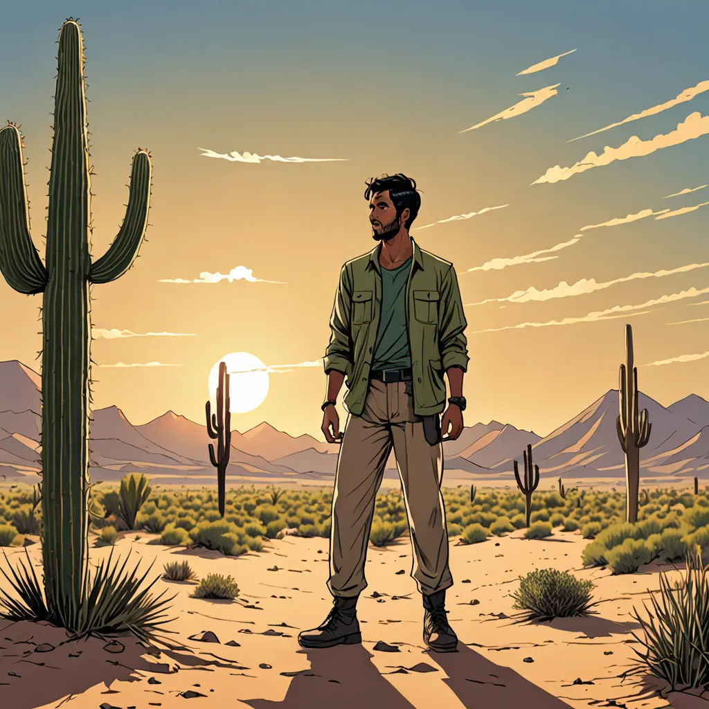 a man standing in front of a cactus and a sunset with a cactus in the background and a man in the foreground, serial art, a character portrait, Asaf Hanuka, western comic book art