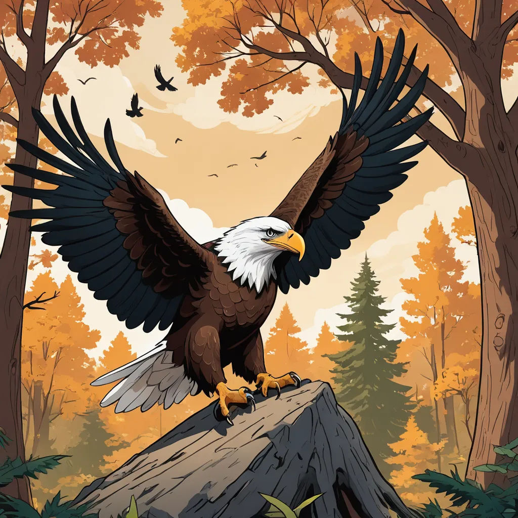 a bald eagle is perched on a tree stump in a forest with a full moon in the background and a bird flying over it, american scene painting, poster art, Dan Mumford, josan gonzales and dan mumford