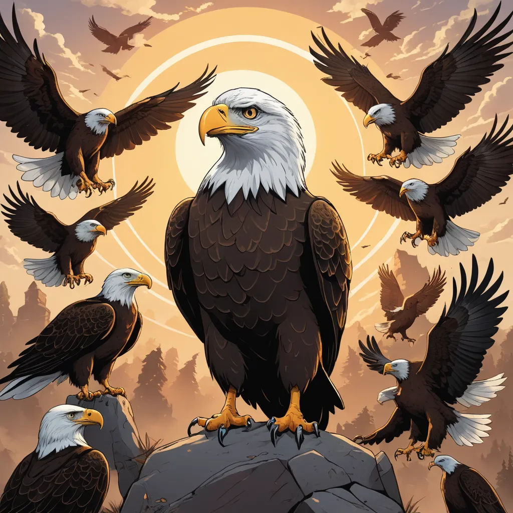 a group of bald eagles sitting on top of a rock formation with a sunset in the background and a full moon in the sky, symbolism, poster art, Dan Mumford, birds