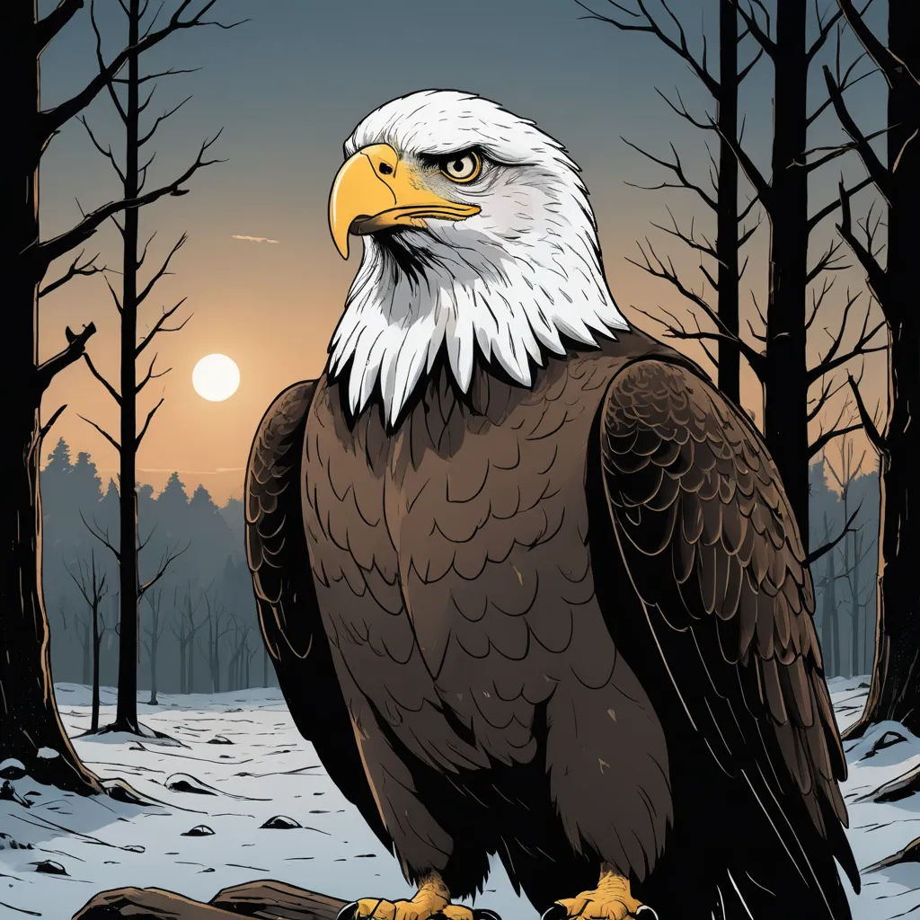 a bald eagle sitting on a log in the woods at sunset with a full moon in the background and trees, symbolism, poster art, Dan Mumford, josan gonzales and dan mumford