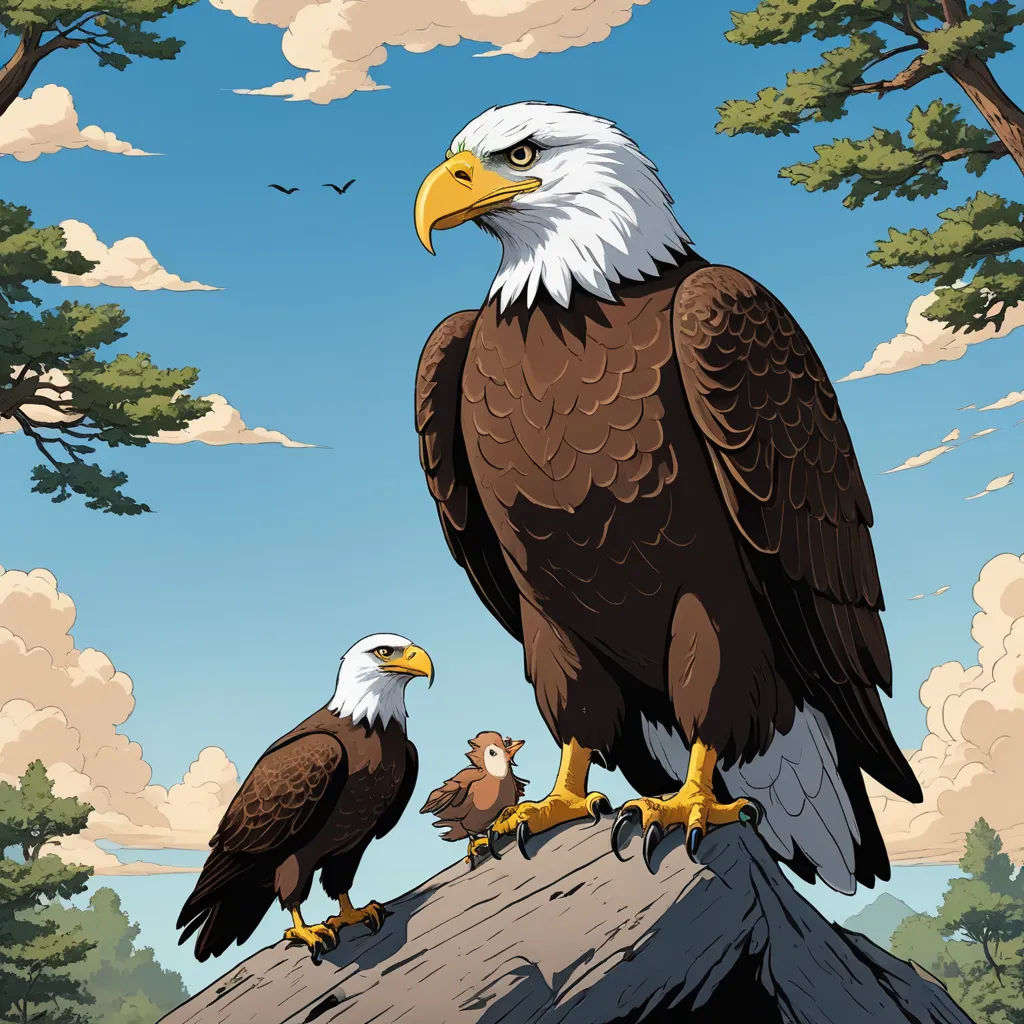 two bald eagles perched on a tree stump with a sky background and clouds in the background, with a few birds on the tree stump, american scene painting, a poster, Dan Mumford, josan gonzales and dan mumford
