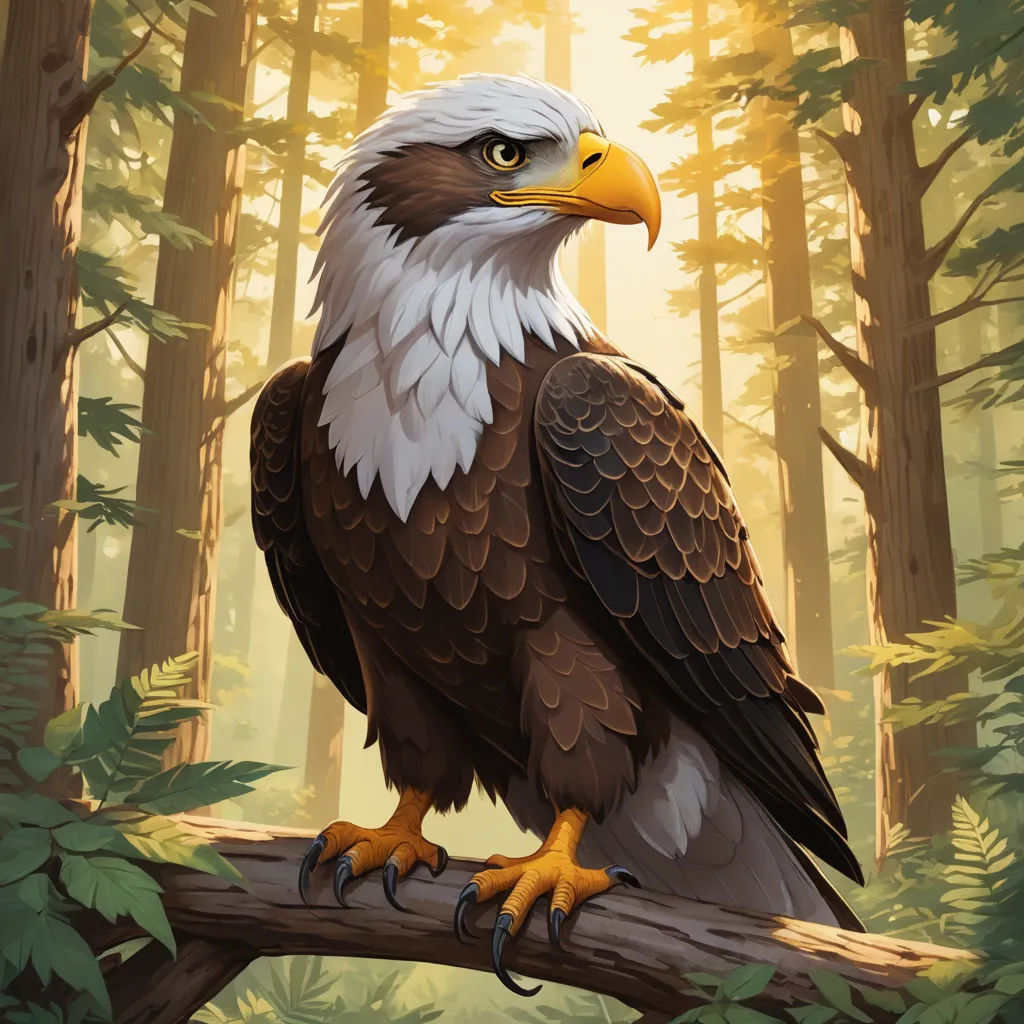 a bald eagle perched on a tree branch in a forest with tall trees and green foliages, with a yellow - colored background, american scene painting, a digital painting, Brom, magic the gathering artwork