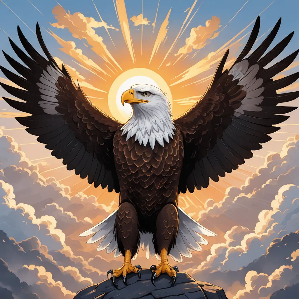 a bald eagle with outstretched wings standing on a rock with the sun in the background and clouds in the sky, precisionism, a digital rendering, Anne Stokes, highly detailed digital painting