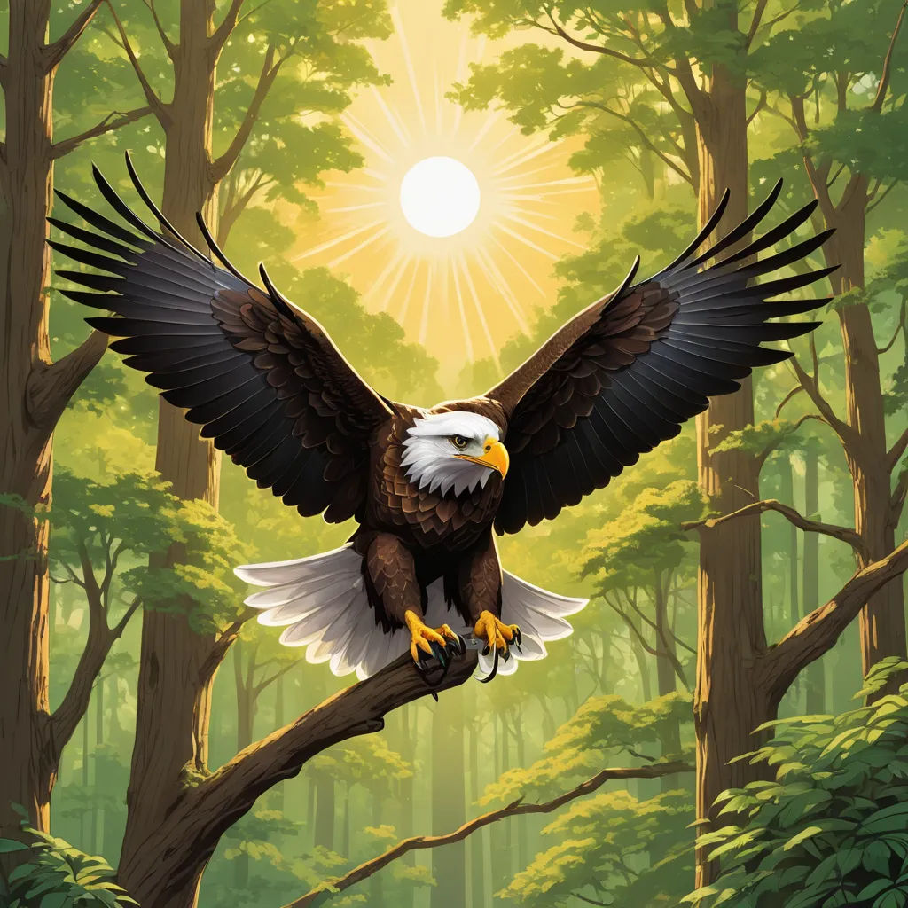 a bald eagle is perched on a tree branch in a forest with the sun shining through the trees behind it, american scene painting, a storybook illustration, Dan Mumford, sun