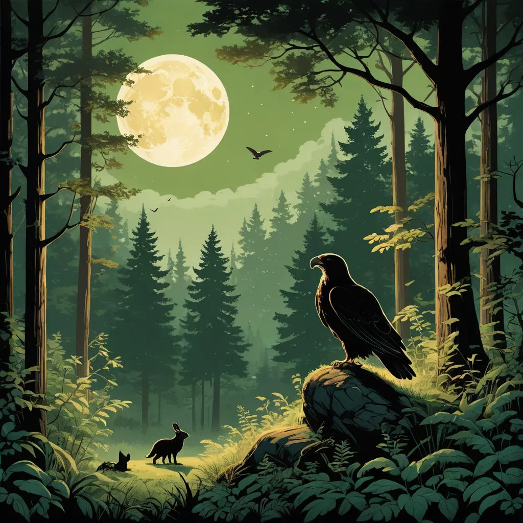 a bird sitting on a rock in a forest with a wolf and a full moon in the background,, fantasy art, a storybook illustration, Dan Mumford, comic cover art