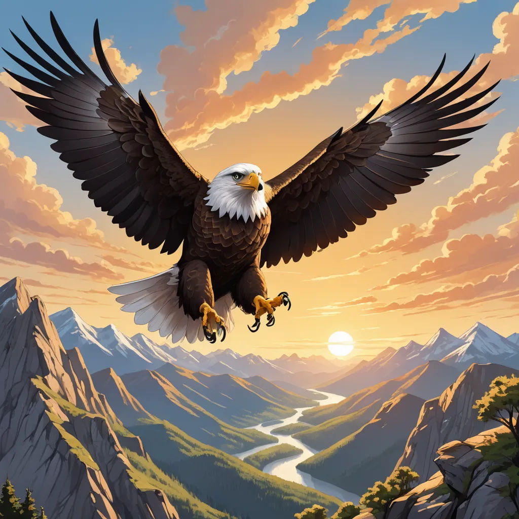 a painting of an eagle flying over a mountain range at sunset with a river below it and a mountain range in the background, american scene painting, a detailed matte painting, Dan Mumford, majestic