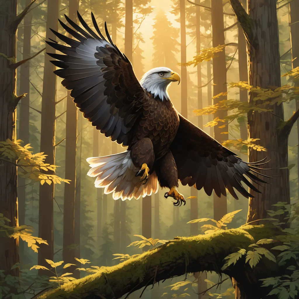 a bald eagle flying over a forest filled with trees and leaves with the sun shining through the trees behind it, american scene painting, a digital painting, Dan Mumford, majestic