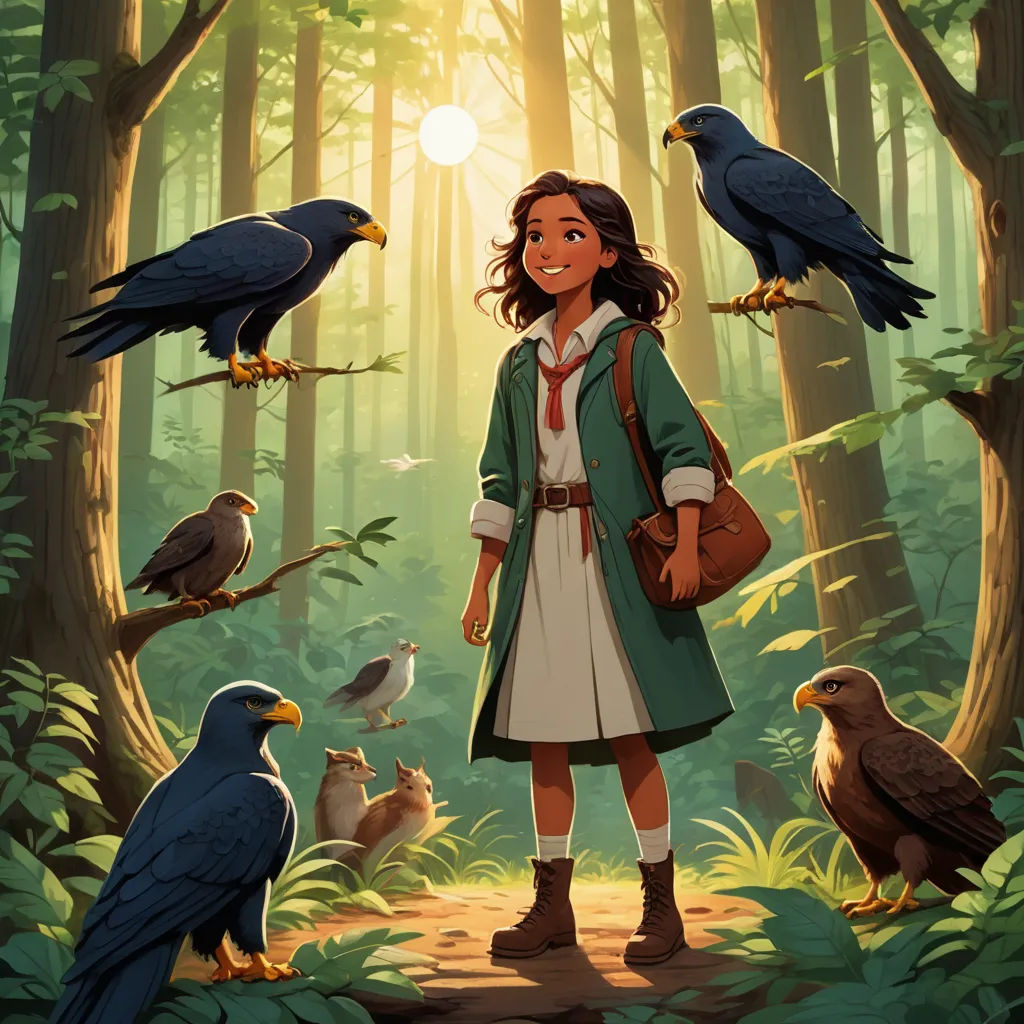 a girl standing in a forest with birds around her and a bag on her shoulder, and a bird on her shoulder, fantasy art, a storybook illustration, Cliff Childs, official art
