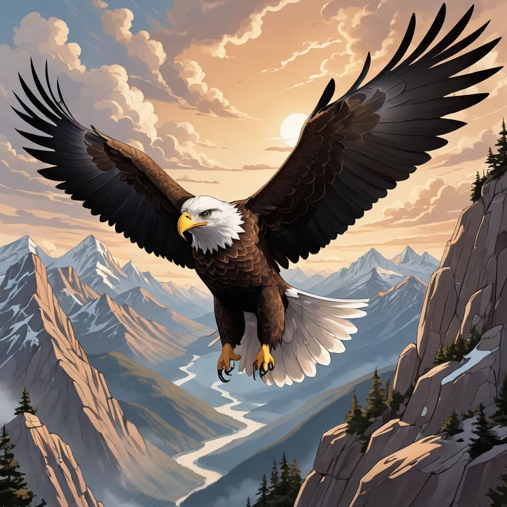 a bald eagle flying over a mountain range with a sunset in the background and clouds in the sky above, american scene painting, a detailed matte painting, Dan Mumford, highly detailed digital painting