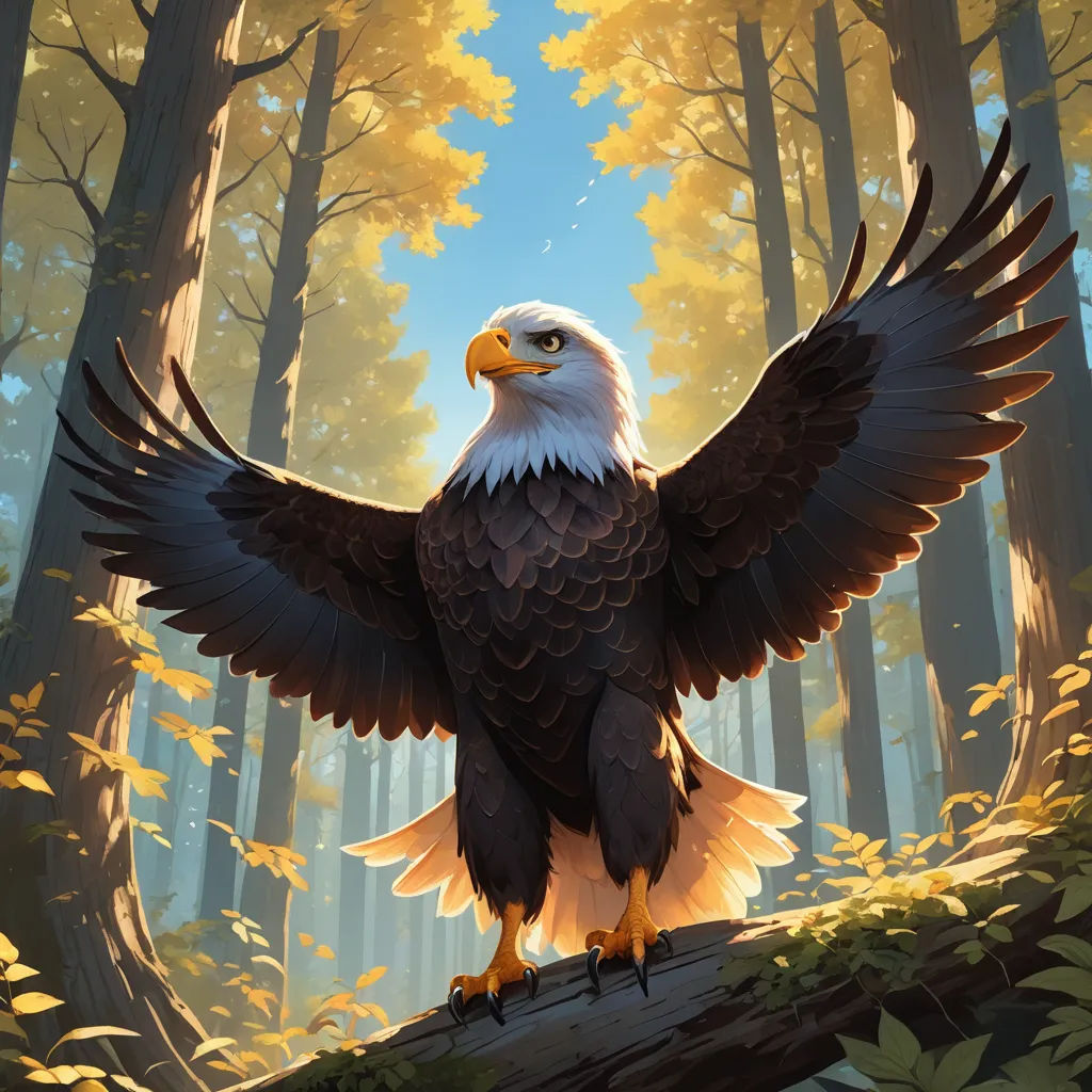 a bald eagle with outstretched wings standing on a log in a forest with yellow leaves and trees in the background, american scene painting, a digital painting, Chris LaBrooy, trending on art station