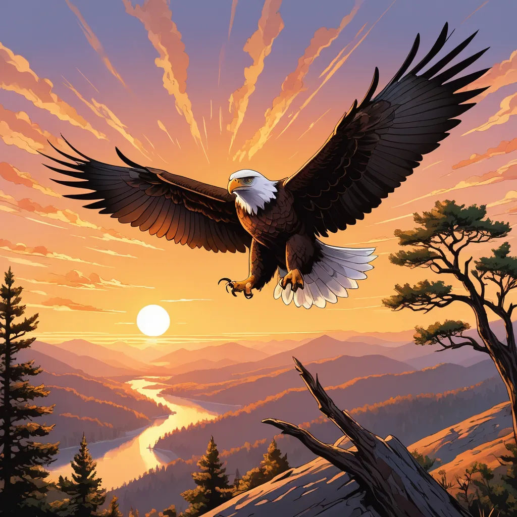 a painting of an eagle flying over a mountain range at sunset with the sun setting behind it and a river below, american scene painting, a detailed matte painting, Dan Mumford, majestic