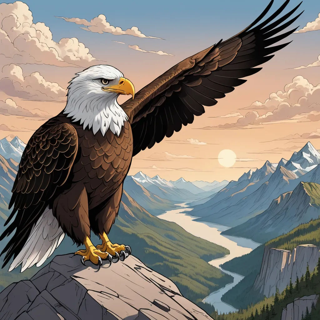 a bald eagle perched on a rock with mountains in the background and a river running through the valley below, american scene painting, a detailed drawing, Dan Mumford, highly detailed digital art