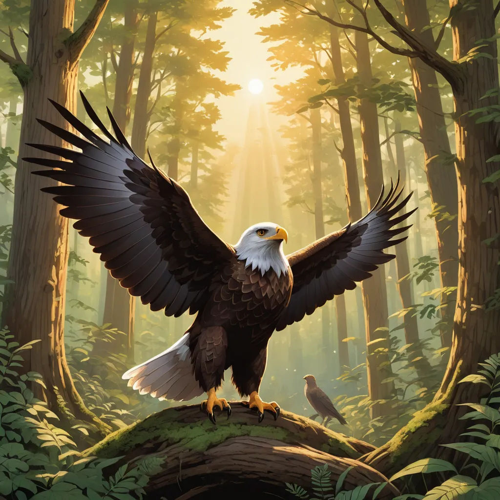 a painting of an eagle with its wings spread out in the forest with a bird perched on a log, american scene painting, a storybook illustration, Dan Mumford, official art