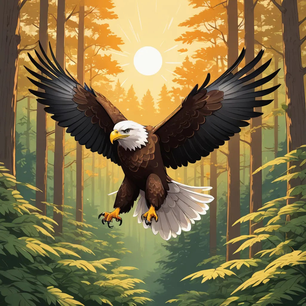 a bald eagle flying over a forest with trees and sun in the background, with a path leading to the forest, american scene painting, vector art, Dan Mumford, game art