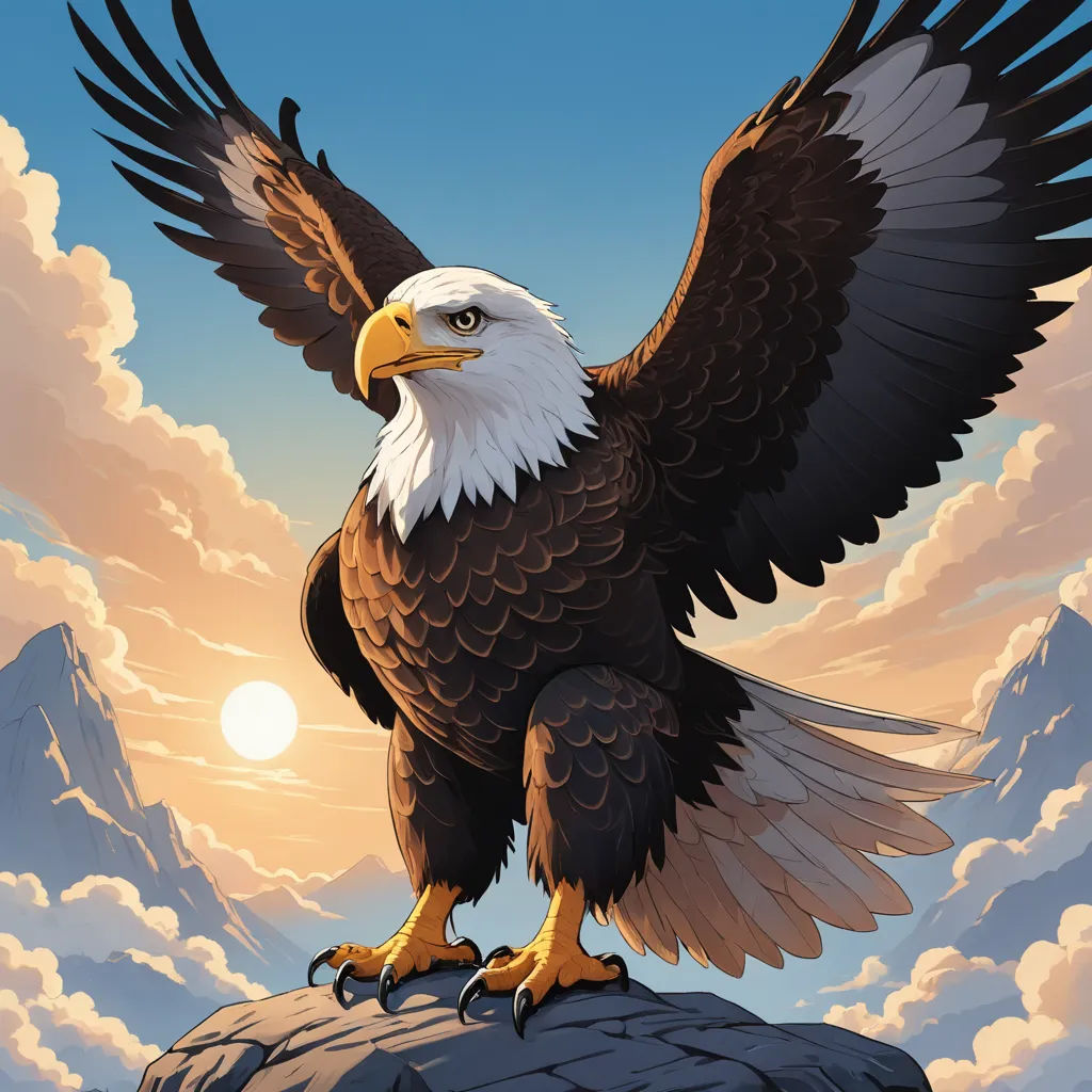 a bald eagle standing on a rock with mountains in the background and clouds in the sky above it, with the sun shining through the clouds, american scene painting, an airbrush painting, Americo Makk, majestic