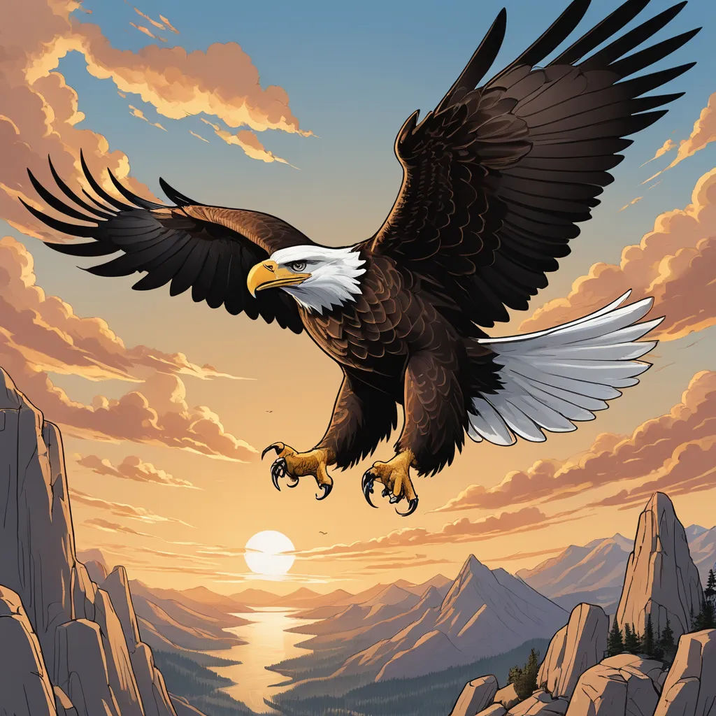 a bald eagle flying over a mountain range at sunset with the sun in the background and clouds in the sky, american scene painting, a digital rendering, Anne Stokes, majestic