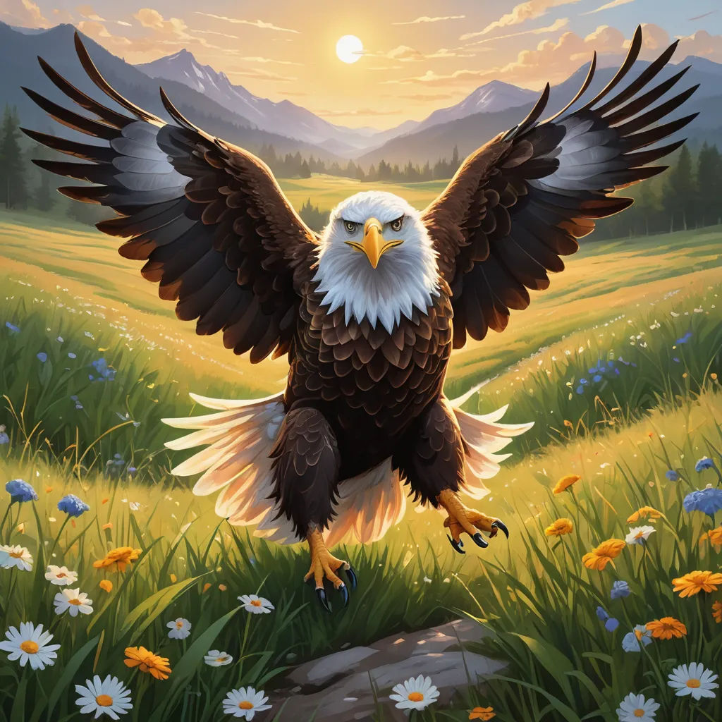 a painting of an eagle with its wings spread out in a field of flowers and grass with mountains in the background, american scene painting, an airbrush painting, Anne Stokes, majestic