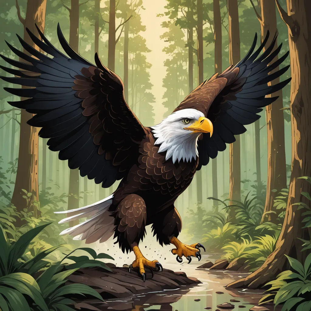 a bald eagle is flying over a stream in the forest with trees and rocks on the ground and a stream running through the woods, american scene painting, a digital painting, Chris LaBrooy, highly detailed digital painting