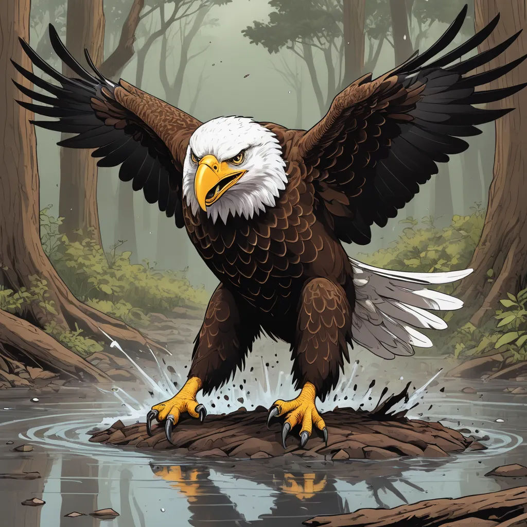 a bald eagle standing on a rock in a forest with a stream of water and trees in the background, american scene painting, an illustration of, Anne Stokes, highly detailed digital art