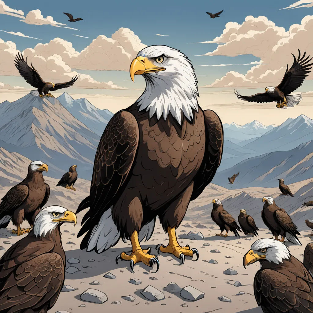 a group of bald eagles standing on top of a mountain under a cloudy sky with mountains in the background, precisionism, a storybook illustration, Dan Mumford, detailed illustration