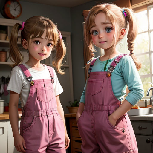 two little girls standing next to each other in a kitchen with a window behind them and a clock on the wall