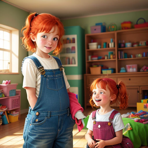 a young girl and a young girl standing in a room with toys on the floor and a shelf full of toys