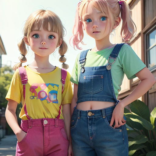 two little girls standing next to each other on a sidewalk with a building in the background and a green leafy tree