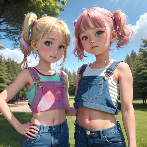 two young girls standing next to each other in a field of grass and trees, with their arms around each other