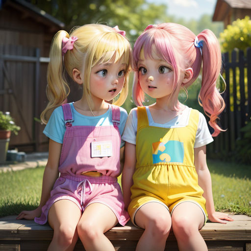 two little girls sitting on a bench in the grass with their hair in pigtails and pink hair in pigtails