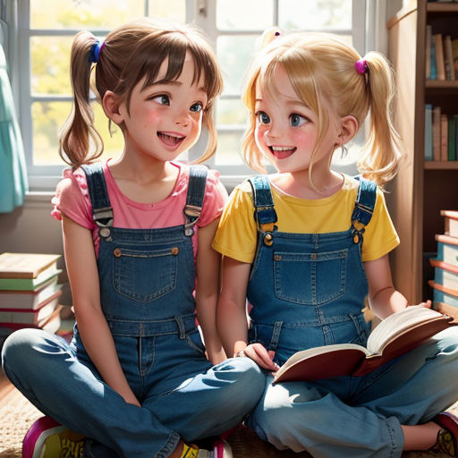 two little girls sitting on the floor reading a book together, with bookshelves in the background and a window in the background
