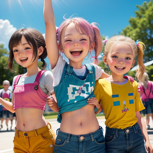 three girls are standing in a group and one girl is holding her arms up in the air and smiling