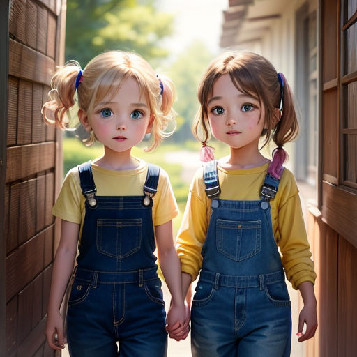 two little girls are standing in a doorway together holding hands and looking at the camera with a smile on their faces