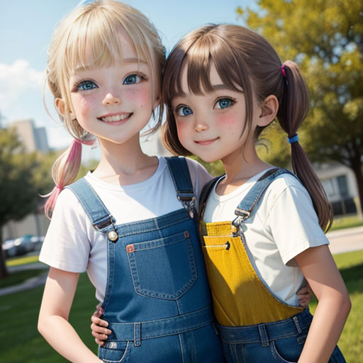 two little girls standing next to each other in a park with a building in the background and a blue sky