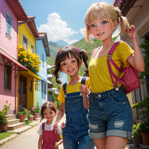 three children are walking down a street in front of houses and mountains in the background, with a backpack on