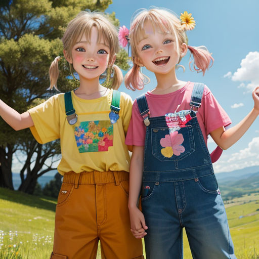 two young girls standing next to each other in a field of grass and flowers, one holding a frisbee