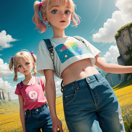 a couple of young girls standing next to each other in a field of flowers and grass with a castle in the background