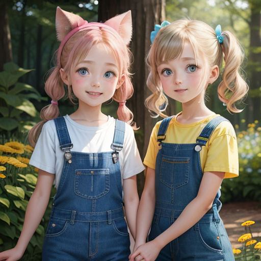 two little girls standing next to each other in front of flowers and trees with a cat ears on their head