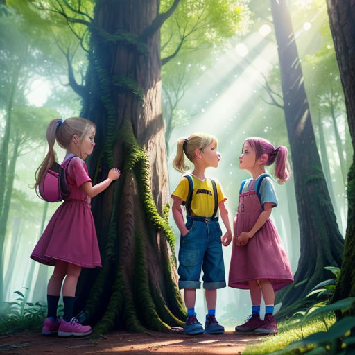 three children standing in the woods looking up at a tree with sunlight coming through the trees and a light beam coming from behind them