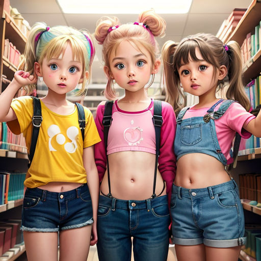three girls standing in a library with bookshelves behind them and one girl with a backpack on her shoulder