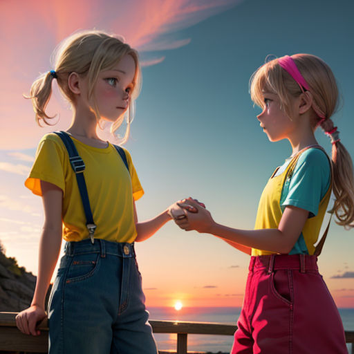 two girls standing on a balcony holding hands and looking at the sunset over the ocean with a pink sky