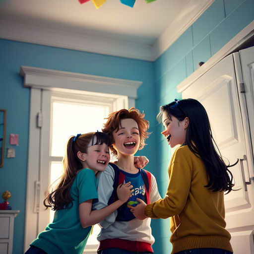 three girls laughing and hugging each other in a room with blue walls and a white door and a white door