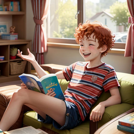 a boy sitting on a couch reading a book and smiling at the camera while wearing a striped shirt and shorts