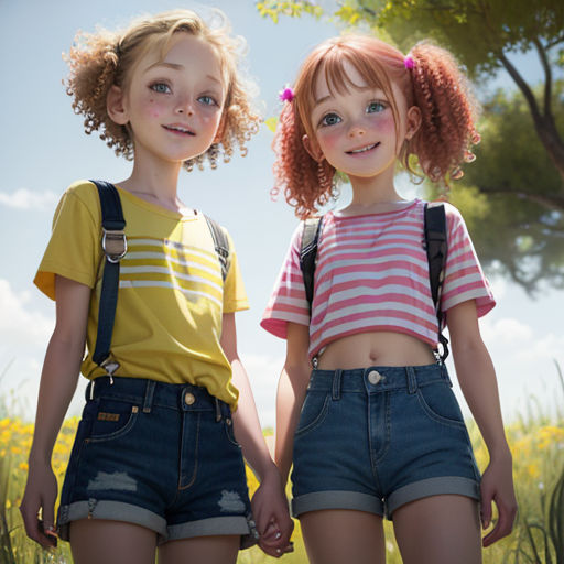 two young girls standing next to each other in a field of flowers and grass with a sky background and a tree