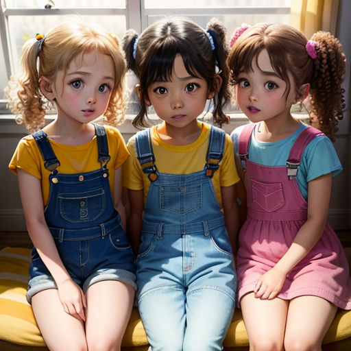 three little girls sitting on a yellow chair in front of a window with a yellow curtain behind them and a yellow chair